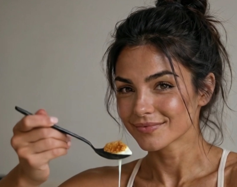 Lea tasting mulberries with honey and yogurt from a spoon