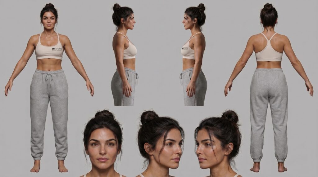 Character turnaround of Lea with front, side and back views and head studies